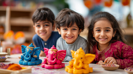 Fototapeta premium A joyful Ganesh Chaturthi craft workshop with kids painting clay Ganesha idols in vibrant colors glitter and beads scattered on tables laughter filling the air Ganesha craft