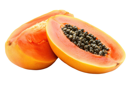 Tropical Papaya Delight: A vibrant and inviting close-up of a sliced papaya, its luscious orange flesh and dark, tiny seeds a tantalizing treat. Perfect for health, nutrition, and culinary themes.
