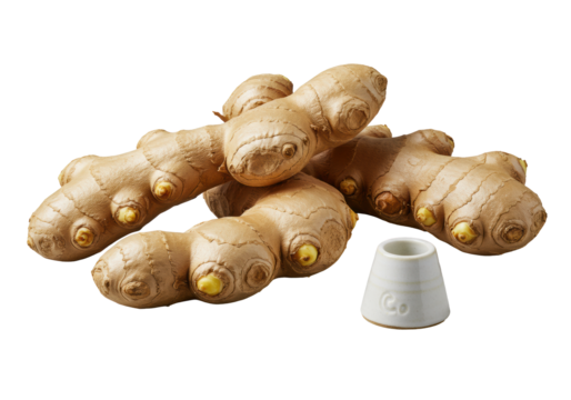 Three fresh, vibrant ginger roots, gnarled and earthy, with a minimalist ceramic grater on a seamless transparent background, diffused studio light, high-end culinary product concept