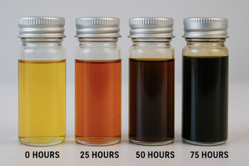 Clear glass vial with oil sample change over time showing analysis of industry process and aging