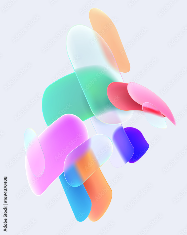 Poster abstract dynamic composition of circles and rectangles in liquid glass style. twisted geometric back