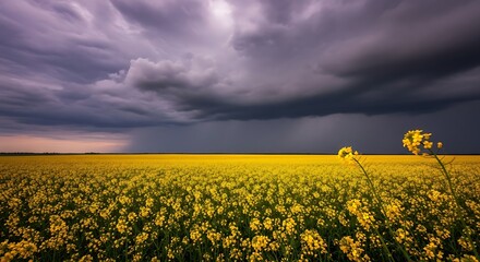 Stormy Sky Over Rapeseed Field.
