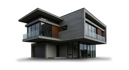 Stunning contemporary house isolated on white background with sharp geometric features