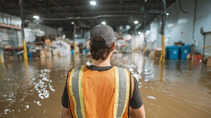 Flooded Warehouse: A worker in a safety vest faces an inundated storage facility, highlighting the impact of water damage and the need for recovery.