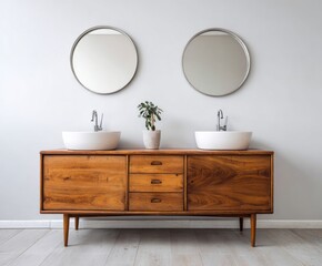 A contemporary bathroom boasts a light-gray wall, two round mirrors, and a wooden vanity unit with two sinks.