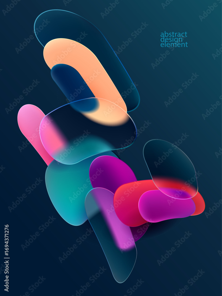 Poster geometric dynamic background of twisted circles and rectangles in liquid glass style. abstract vecto