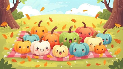 Naklejka premium A cute and cheerful cartoon illustration of happy pumpkin characters in a vibrant field, celebrating the joy and fun of the autumn season