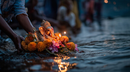 A dynamic Ganesh Chaturthi visarjan at a riverbank devotees immersing a glittering idol with chants floating flowers and diyas reflecting on water Ganesha visarjan river