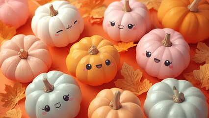 A festive and colorful pile of assorted autumn pumpkins, featuring various colors and painted patterns, creating a cheerful and bountiful harvest display