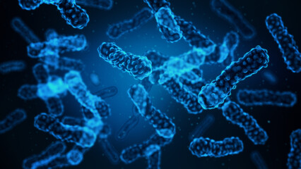 Microscopic blue germs or bacteria in science or clinical study research, Medical background concept, 3D rendering