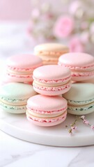 Obraz premium Macaron Francesi Artigianali – Dolci Eleganti su Sfondo Minimal e Marmo