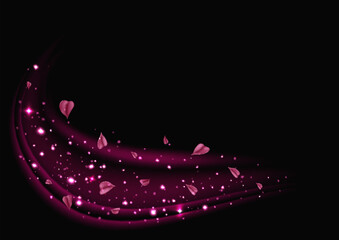 Pink fresh air or wind effect with leaves on transparent background. Vector realistic illustration with sparkling particles, sakura petals, romantic vortex, spring leaves