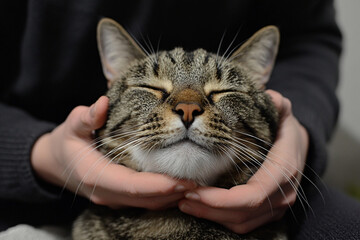 Veterinarian carefully grooming a relaxed cat while providing gentle care in a tranquil clinic environment