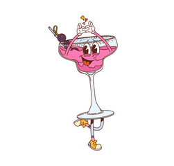 Retro hippie cocktail drink glass groovy character. Party fresh cocktail groovy 60s vector happy character, tropical drink cute personage. Alcohol beverage cheerful mascot with blackberries and straw