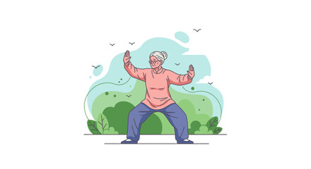 Obraz premium Senior Woman Practicing Tai Chi Chuan in a Park Vector Illustration
