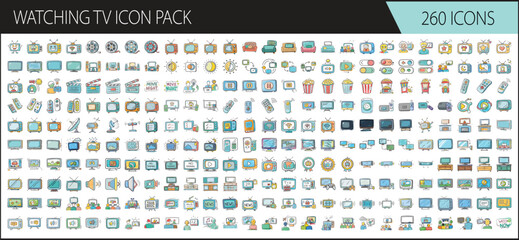 Watching TV Icon Pack - Collection of 260 icons themed around television watching, featuring TVs, remotes, couches, popcorn, streaming platforms, antennas, and entertainment scenes. Perfect for media 