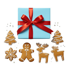 Obraz premium A perfectly wrapped light blue gift box with a red satin bow, surrounded by gingerbread cookies (man, tree, reindeer, snowflake) & edible silver pearls on a transparent background, top-down view.