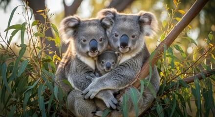 Fototapeta premium A family of three koalas two adults and a joey cuddle together amidst green eucalyptus leaves and branches bathed in golden sunlight