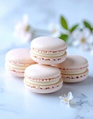 Fototapeta premium Macaron Francesi Artigianali – Dolci Eleganti su Sfondo Minimal e Marmo