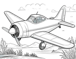 Cartoon airplane in flight over landscape