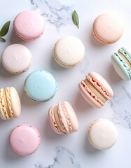 Obraz premium Macaron Francesi Artigianali – Dolci Eleganti su Sfondo Minimal e Marmo