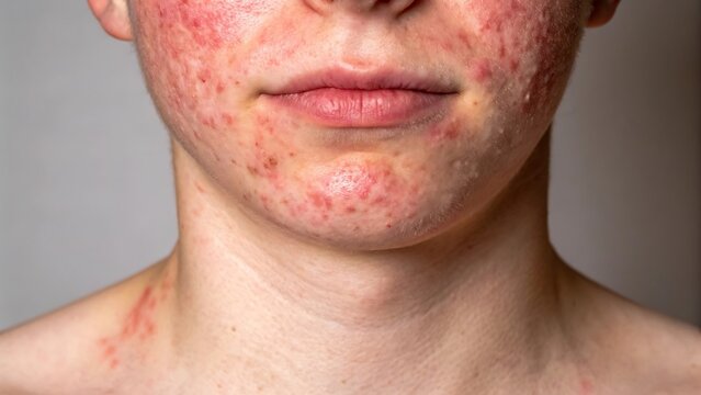 Inflamed facial skin with reddish blemishes acne face