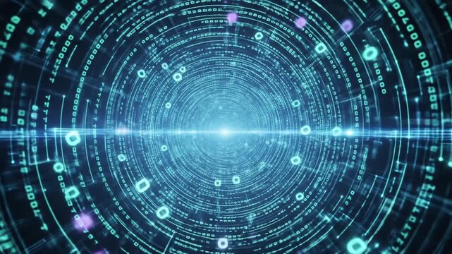 A dynamic, swirling graphic design showcasing a complex network of interconnected digital data and binary code in teal, aqua, and violet hues.