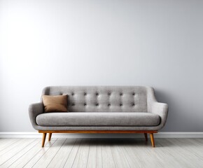 A mid-century modern gray sofa sits centered against a light gray wall in a minimalist living room setting.