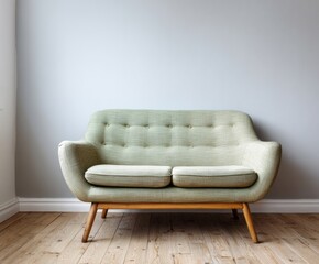 A light sage green loveseat sits against a pale gray wall in a simple, stylish room.