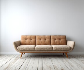 A light-filled room features a mid-century modern sofa with a warm beige and light brown leatherette upholstery, sitting on a light wood floor against a bright white wall.
