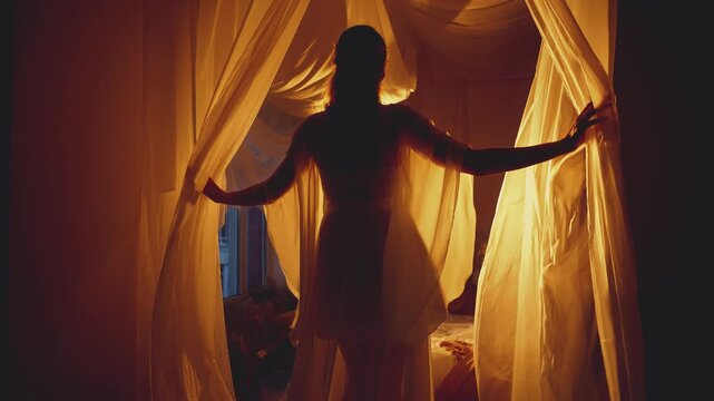 Dark shadow silhouette of woman through silk curtains, hands throwing fabric fly in motion, lady in night black room. girl touching curtain canopy bed back rear view. Backlit warm light luxury dress