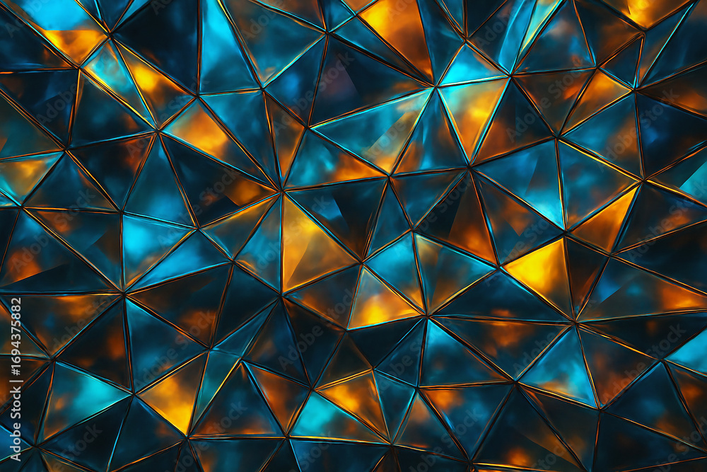 Poster abstract geometric pattern of shimmering blue and orange light reflections creating a vibrant kaleid