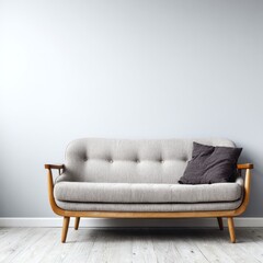 A light gray couch with dark gray cushions sits against a pale gray wall in a modern living room.