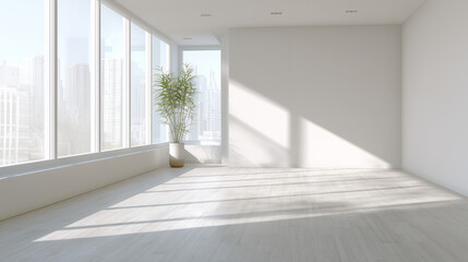 Fototapeta premium An empty white room flooded with natural light, providing ample copy space, ideal for interior design, product mockups, or minimalist concepts.