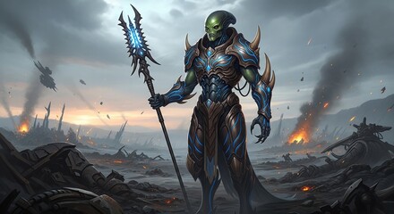 Naklejka premium Alien General with Biomechanical Armor in Battlefield