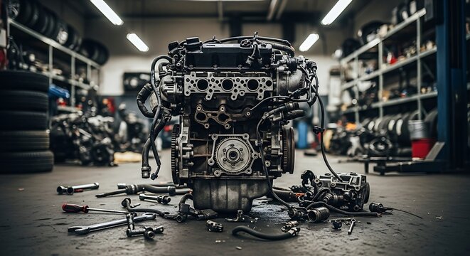 Car engine repair shop floor.