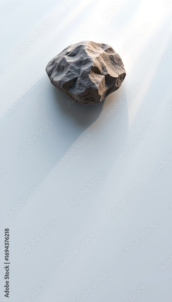 Poster a captivating image of a single, textured stone, casting a shadow on an uncluttered surface. the rug