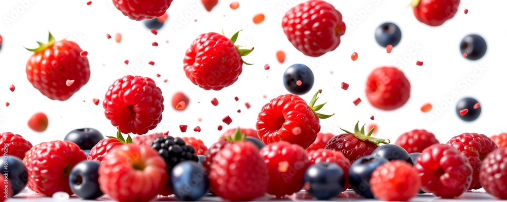Poster an array of fresh, ripe berries cascade in a visually stunning display. the vibrant colors and dynam