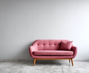 A stylish, modern, light pink sofa sits against a neutral gray wall in a contemporary living space.