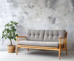 A light-filled room with a modern grey sofa and a potted plant, showcasing a neutral color palette against a textured concrete wall.