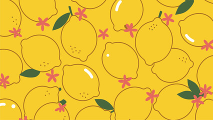 Seamless Lemon & Pink Flower Pattern. Bright Yellow Citrus Background with Green Leaves. Summer Fruit Design