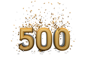 nombre 500 en lettres dorées avec confettis or et argent sur fond transparent - rendu 3D