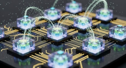 A futuristic grid features transparent glowing cubes interconnected by golden circuitry and streams of bright particles signifying digital data transfer