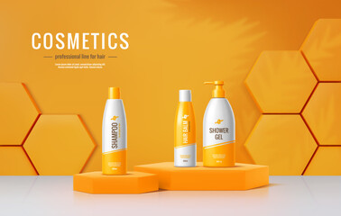 3d orange podium stage with cosmetic bottles and packages on vector honeycomb platforms. Realistic cosmetic products display stand, podium stage or scene with shampoo, balm and shower gel bottles