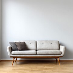 A light-gray sofa with dark-brown throw pillows rests against a pale-gray wall in a modern living room.