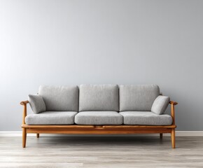 A light gray sofa with wooden arms sits in front of a light gray wall in a modern living room.