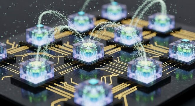 A futuristic grid features transparent glowing cubes interconnected by golden circuitry and streams of bright particles signifying digital data transfer