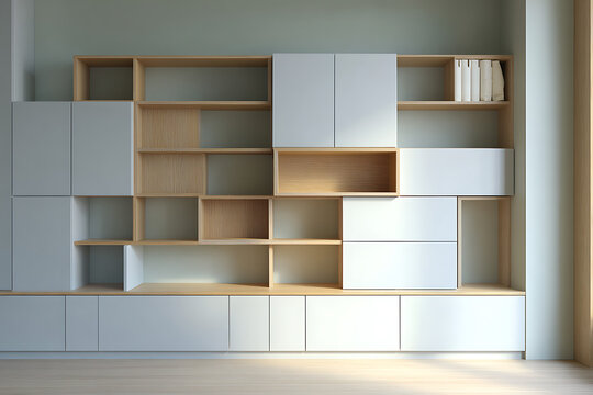 Modern modular shelving unit with clean lines and natural wood accents offers stylish storage solutions for contemporary living spaces