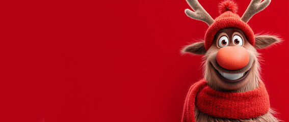 Close-up, portrait of a cute smiling cartoon character of reindeer wearing a Santa Claus costume and red wool scarf while looking at camera against a red background with copy space. Generative Ai.