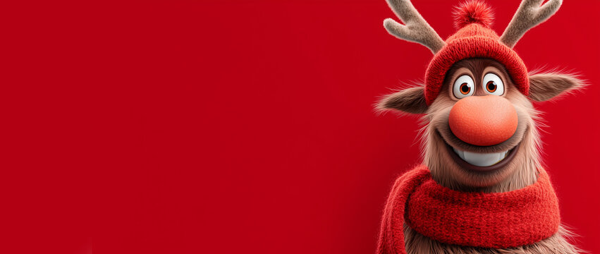 Close-up, portrait of a cute smiling cartoon character of reindeer wearing a Santa Claus costume and red wool scarf while looking at camera against a red background with copy space. Generative Ai.